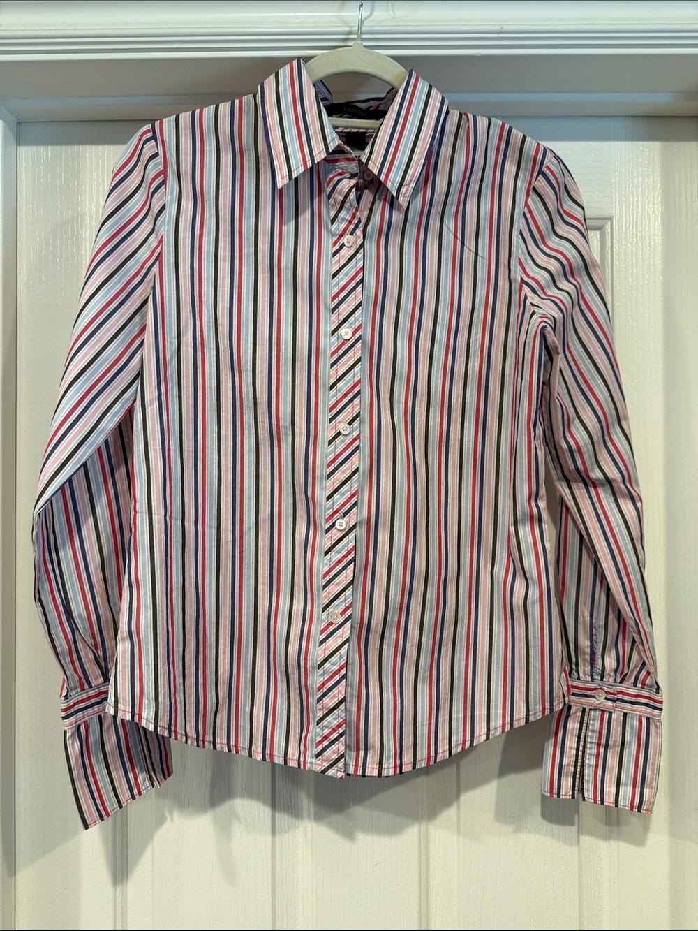 Express Women's Vertical Multi-Stripe Button-Down Shirt - White, Red & Blue - sm